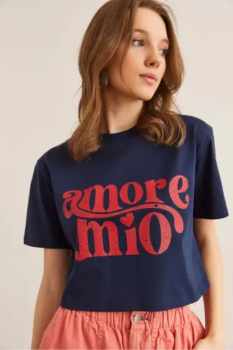 Women's Navy Amore Print Crop Cotton T-Shirt TSH - 1