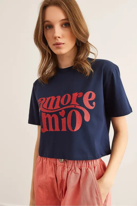 Women's Navy Amore Print Crop Cotton T-Shirt TSH - 2