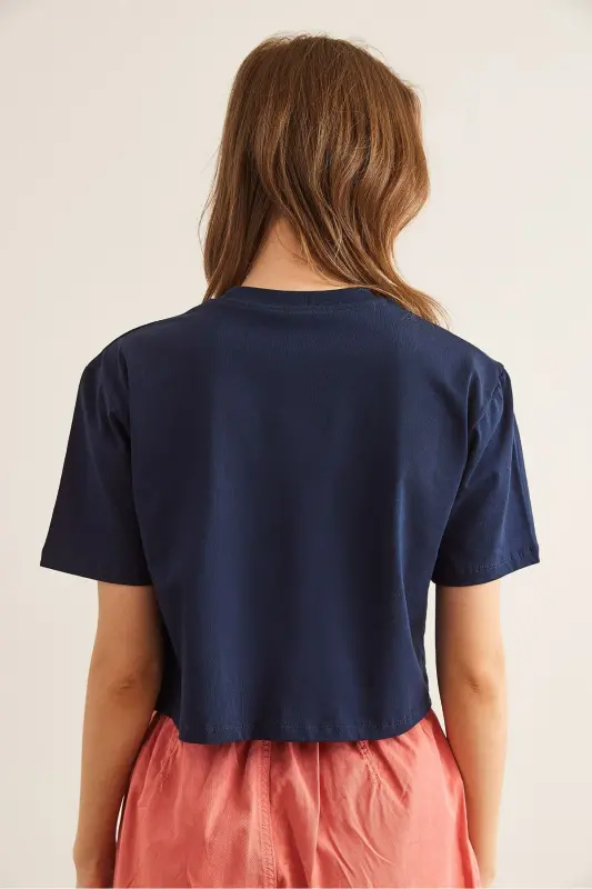 Women's Navy Amore Print Crop Cotton T-Shirt TSH - 6