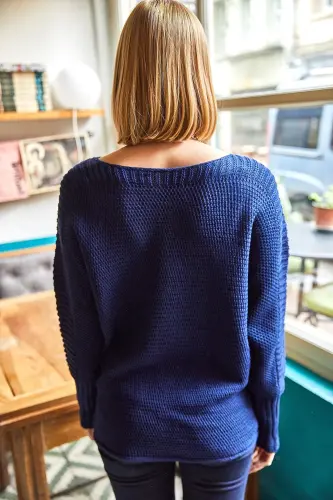 Women's Navy Arm Detailed Honeycomb Knit Sweater KZK-19000399-Navy - 4