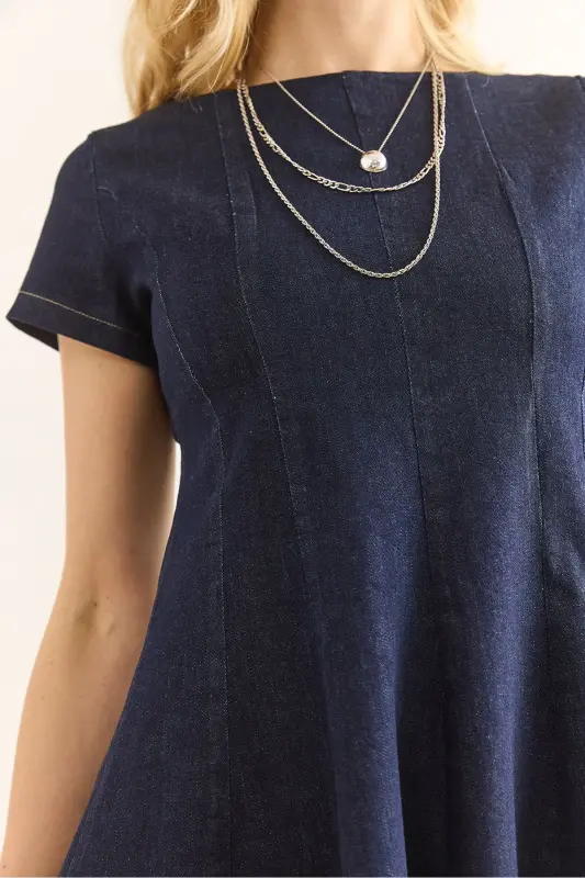 Women's Navy Back Zippered Patchwork Bell Bottom Denim E - 6