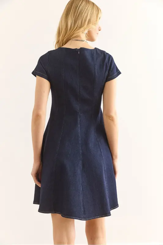 Women's Navy Back Zippered Patchwork Bell Bottom Denim E - 7