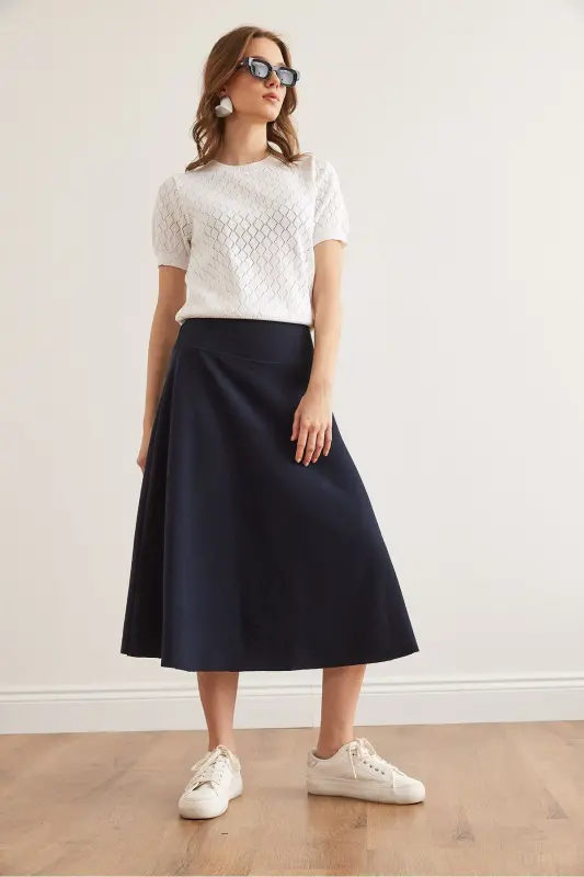 Women's Navy Belted Thessaloniki Flared Skirt ETK-19 - 5