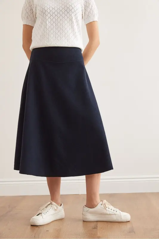 Women's Navy Belted Thessaloniki Flared Skirt ETK-19 - 6