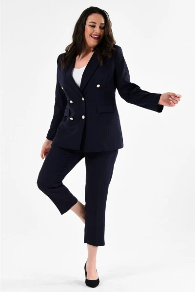 Women's Navy Blazer Jacket with Belt, Pocket and Wide Leg Trousers Plus Size Suit - SİZ