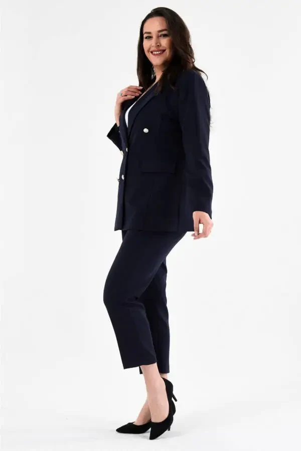 Women's Navy Blazer Jacket with Belt, Pocket and Wide Leg Trousers Plus Size Suit - 3