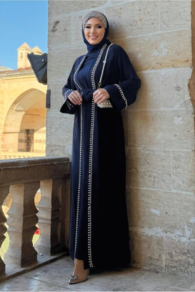 Women's Navy Blue Abaya Dress Set with Belt T 3948 - 2