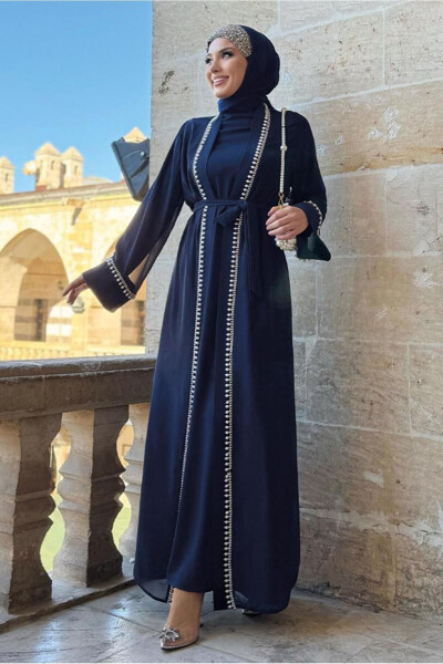 Women's Navy Blue Abaya Dress Set with Belt T 3948 - 3