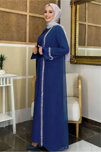 Women's Navy Blue Abaya Dress Set with Belt T 3948 - TRENDTESETTÜR (1)