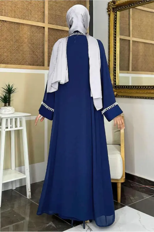 Women's Navy Blue Abaya Dress Set with Belt T 3948 - 3