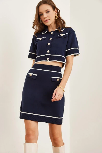 Women's Navy Blue Accessory Pocketed Top and Bottom Knitted Set TKM-19000312 - OLALOOK