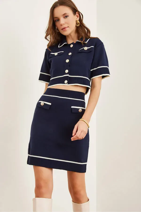 Women's Navy Blue Accessory Pocketed Top and Bottom Knitted Set TKM-19000312 - 1