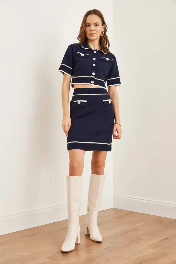 Women's Navy Blue Accessory Pocketed Top and Bottom Knitted Set TKM-19000312 - 2