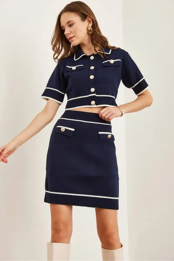 Women's Navy Blue Accessory Pocketed Top and Bottom Knitted Set TKM-19000312 - 5