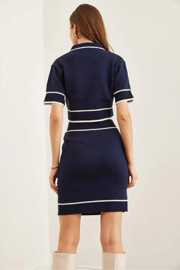 Women's Navy Blue Accessory Pocketed Top and Bottom Knitted Set TKM-19000312 - 6