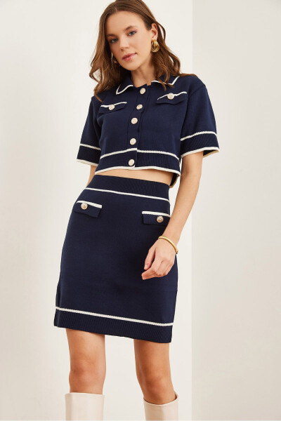 Women's Navy Blue Accessory Pocketed Top and Bottom Knitted Set TKM-19000312 - OLALOOK