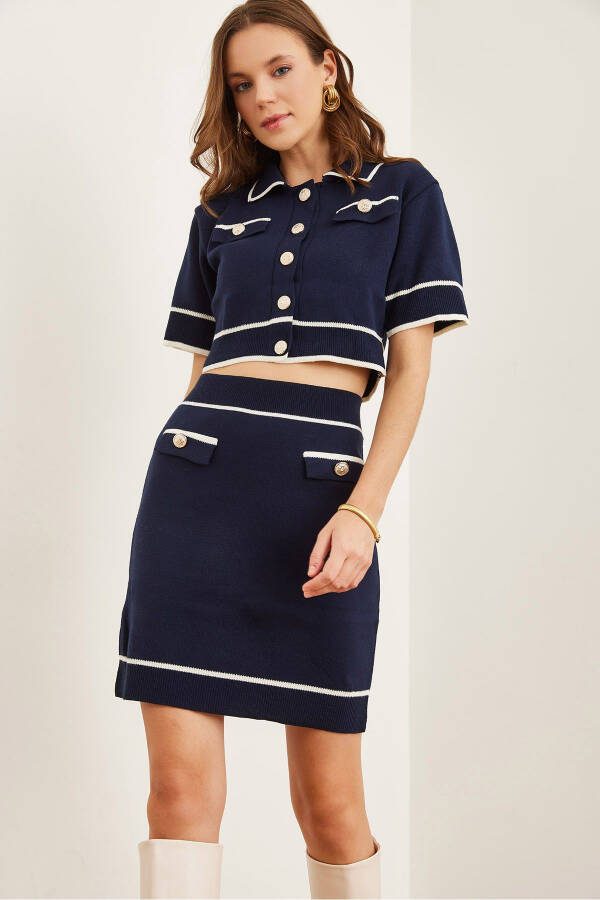Women's Navy Blue Accessory Pocketed Top and Bottom Knitted Set TKM-19000312 - 1