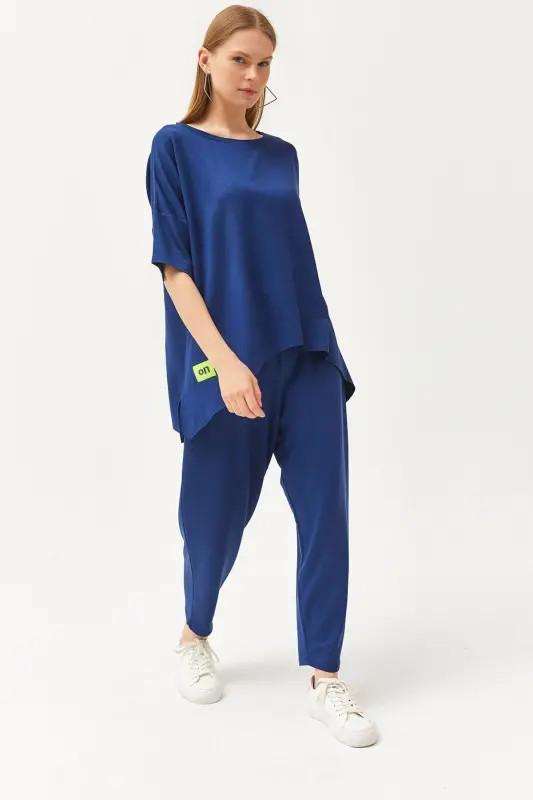 Women's Navy Blue Asymmetric Blouse Soft Textured Bottom - 1