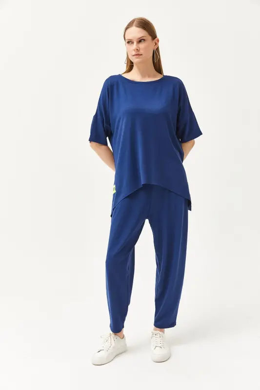 Women's Navy Blue Asymmetric Blouse Soft Textured Bottom - 2