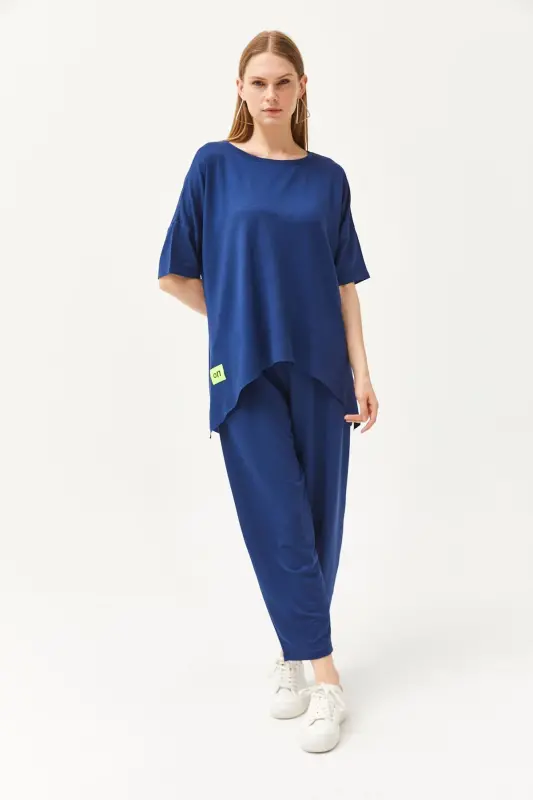 Women's Navy Blue Asymmetric Blouse Soft Textured Bottom - 3