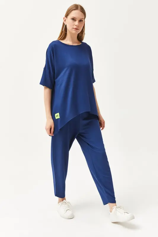 Women's Navy Blue Asymmetric Blouse Soft Textured Bottom - 4