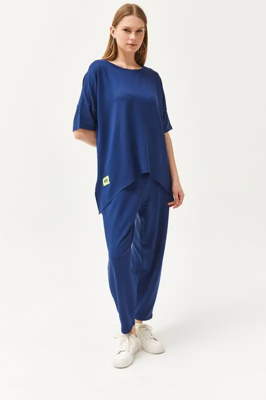 Women's Navy Blue Asymmetric Blouse Soft Textured Bottom - 5