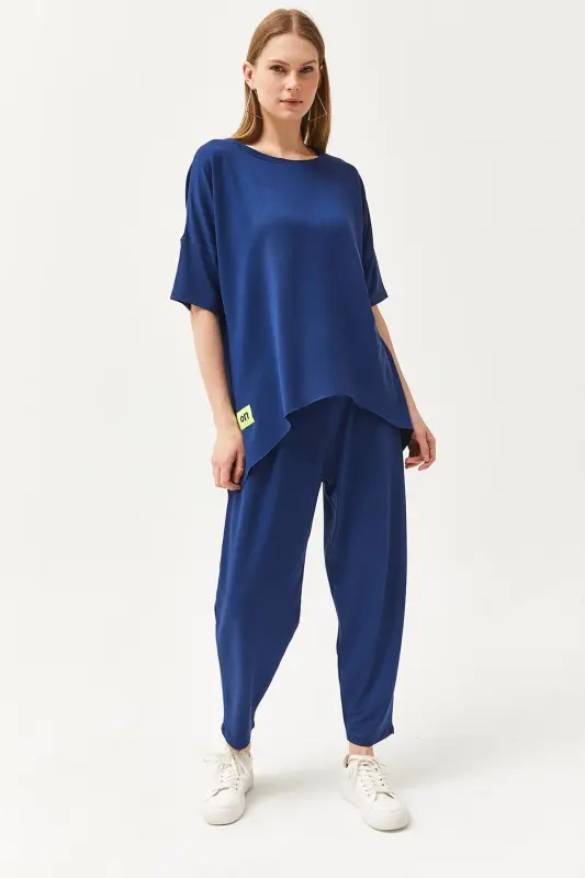 Women's Navy Blue Asymmetric Blouse Soft Textured Bottom - 6