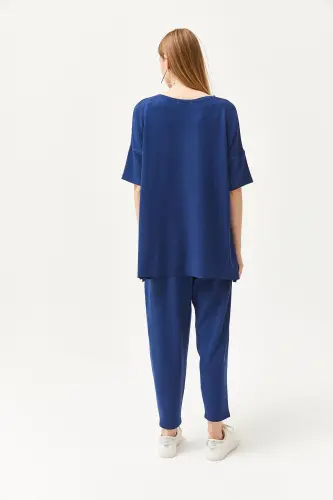 Women's Navy Blue Asymmetric Blouse Soft Textured Bottom - 7