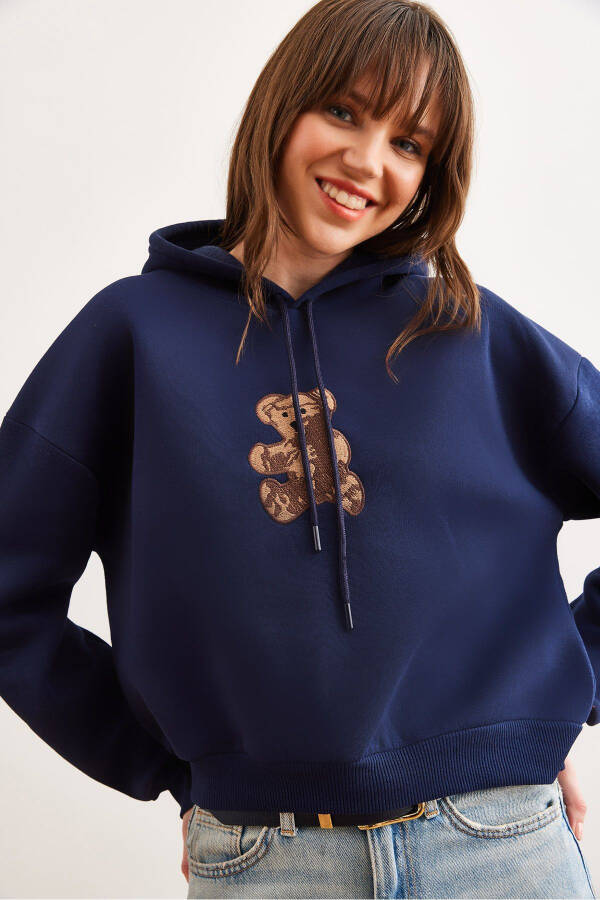 Women's Navy Blue Bear Appliqued Thistle Hoodie Sweatshirt SWT-19000712 - 1