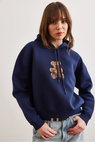 Women's Navy Blue Bear Appliqued Thistle Hoodie Sweatshirt SWT-19000712 - 3