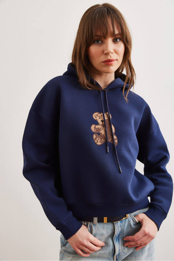 Women's Navy Blue Bear Appliqued Thistle Hoodie Sweatshirt SWT-19000712 - 3