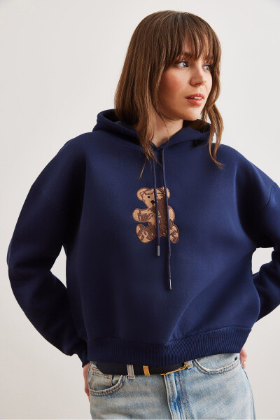 Women's Navy Blue Bear Appliqued Thistle Hoodie Sweatshirt SWT-19000712 - 5