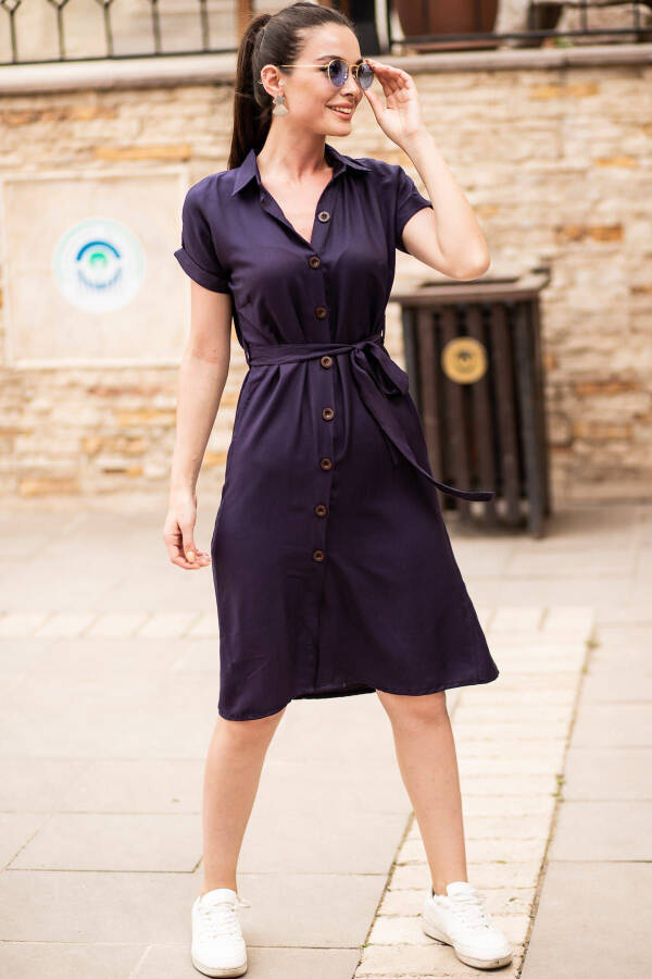 Women's Navy Blue Belted Short Sleeve Shirt Dress ARM-19Y001068 - 1