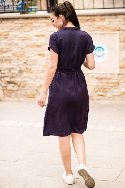 Women's Navy Blue Belted Short Sleeve Shirt Dress ARM-19Y001068 - 3