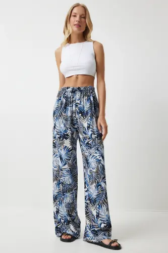 Women's Navy Blue Black Patterned Flowy Viscose Palazzo Pants EN00606-Navy Blue Black - HAPPINESS İSTANBUL (1)