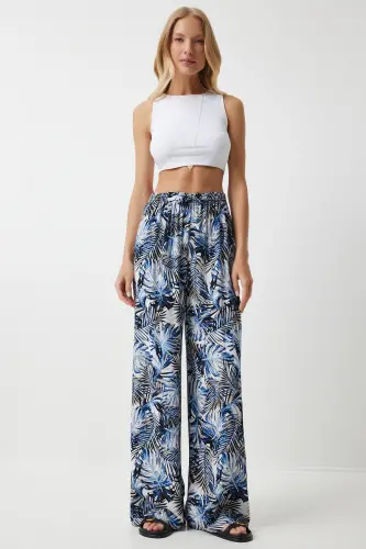 Women's Navy Blue Black Patterned Flowy Viscose Palazzo Pants EN00606-Navy Blue Black - 3