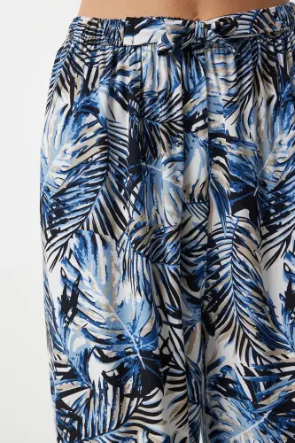 Women's Navy Blue Black Patterned Flowy Viscose Palazzo Pants EN00606-Navy Blue Black - 5