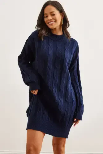 Women's Navy Blue Braided Knit Tunic Dress ELB-1 - 14