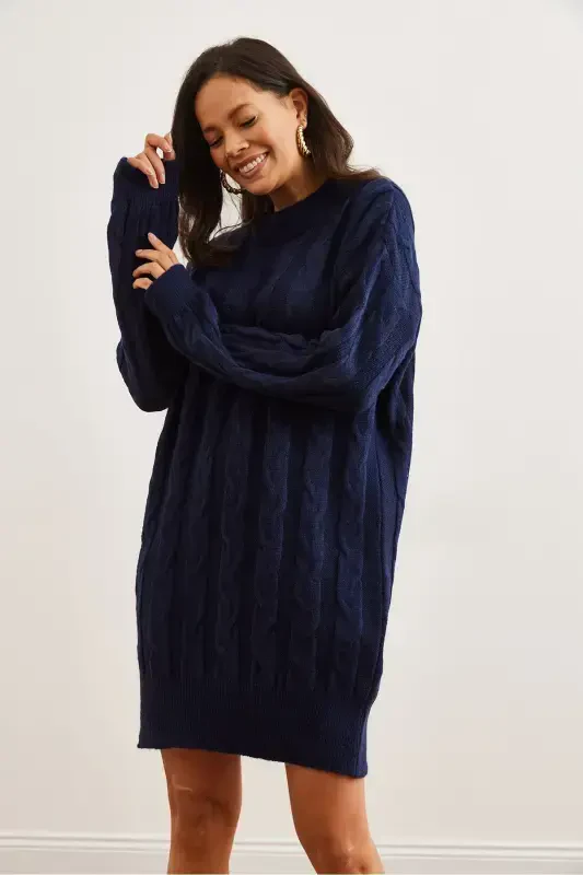 Women's Navy Blue Braided Knit Tunic Dress ELB-1 - 9