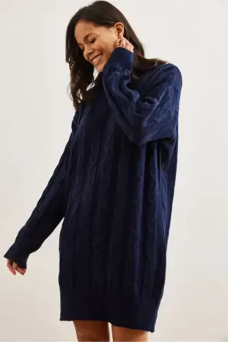 Women's Navy Blue Braided Knit Tunic Dress ELB-1 - 5