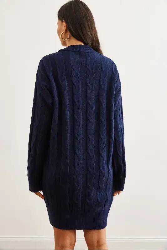 Women's Navy Blue Braided Knit Tunic Dress ELB-1 - 8