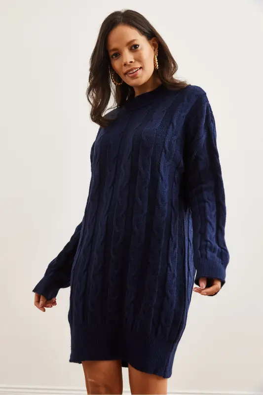 Women's Navy Blue Braided Knit Tunic Dress ELB-1 - 4