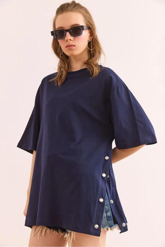 Women's Navy Blue Button Detail Cotton T-Shirt TSH-19 - 1