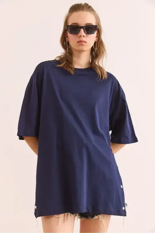 Women's Navy Blue Button Detail Cotton T-Shirt TSH-19 - 2