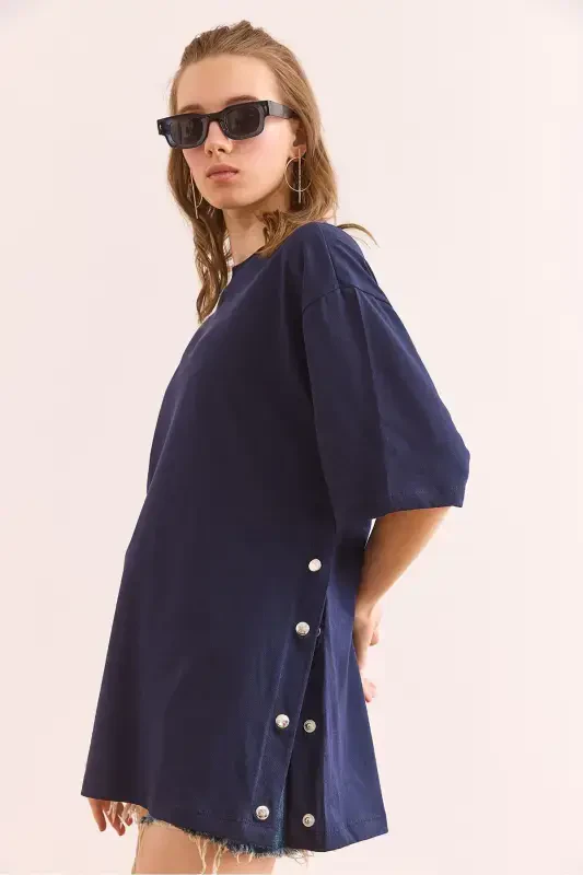 Women's Navy Blue Button Detail Cotton T-Shirt TSH-19 - 3