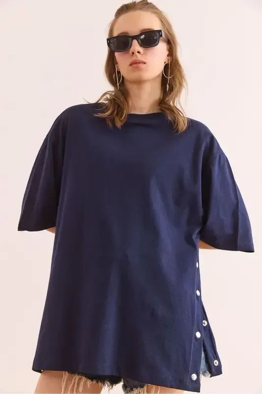 Women's Navy Blue Button Detail Cotton T-Shirt TSH-19 - 4