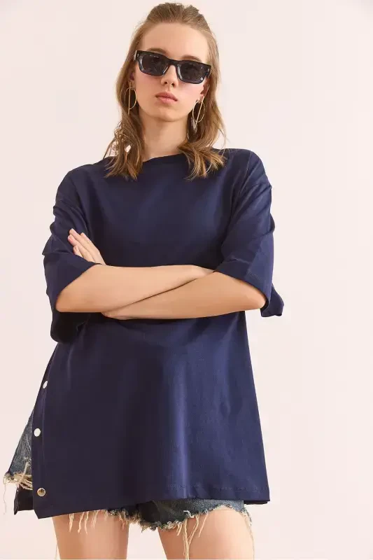 Women's Navy Blue Button Detail Cotton T-Shirt TSH-19 - 5