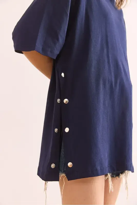 Women's Navy Blue Button Detail Cotton T-Shirt TSH-19 - 6