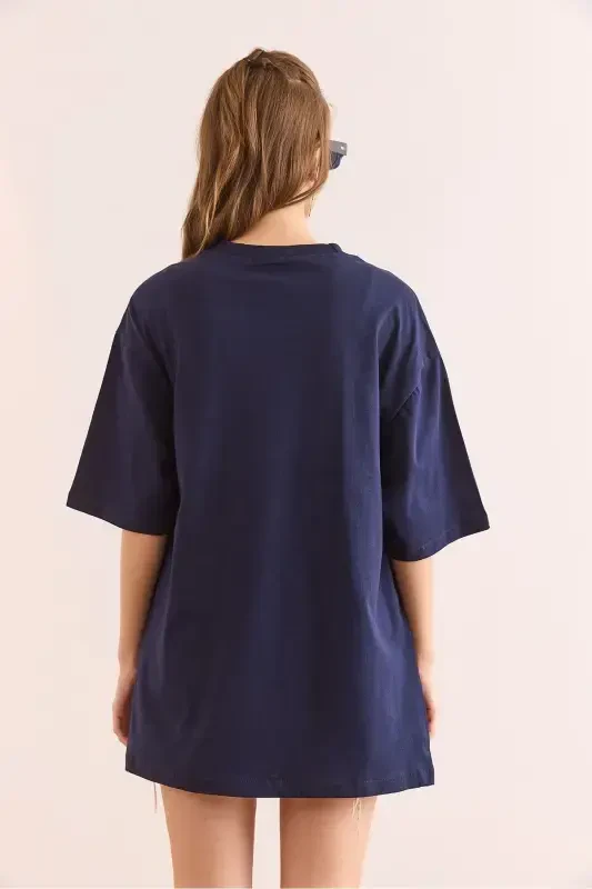 Women's Navy Blue Button Detail Cotton T-Shirt TSH-19 - 7