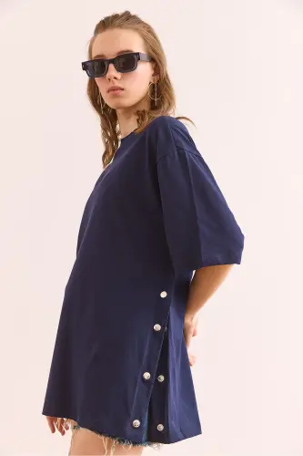 Women's Navy Blue Button Detail Cotton T-Shirt TSH-19 - 4